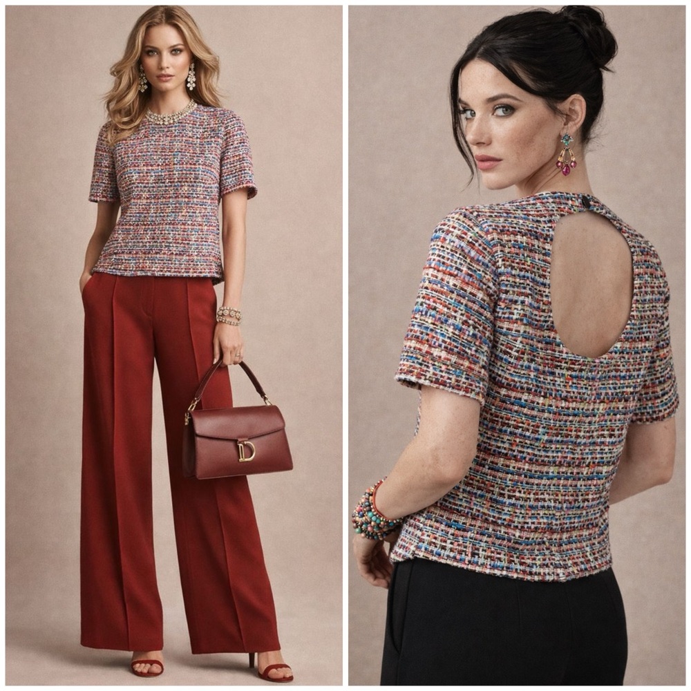 NWT Akris Punto Short-Sleeve Cutout Multicolor Cotton Tweed Top $695